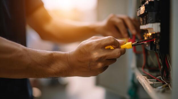 A focused male electrician working with wires inside a circuit breaker panel during sunset, showcasing skill and precision. photo