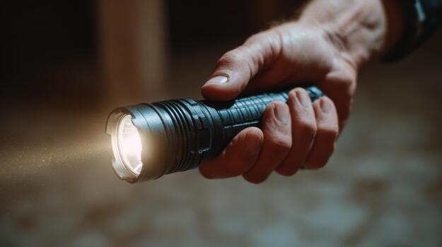 A close-up of a man's hand gripping a sturdy flashlight, illuminating a dark space with a bright beam. photo