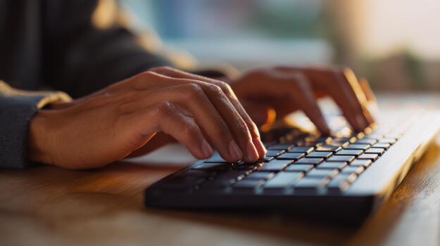 Close-up of a man's hands typing on a sleek black keyboard, backlit by warm natural light, evoking focus and productivity. photo