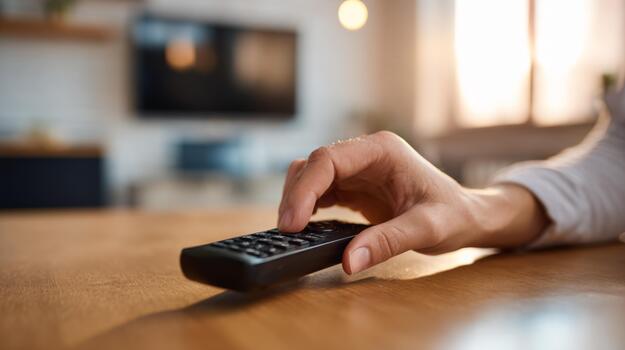 A close-up of a hand of an adult pressing buttons on a remote control, while relaxing at home. photo