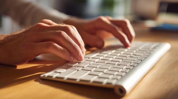 Close-up of male hands typing on a sleek keyboard, capturing a moment of digital productivity in a warm, modern workspace. photo