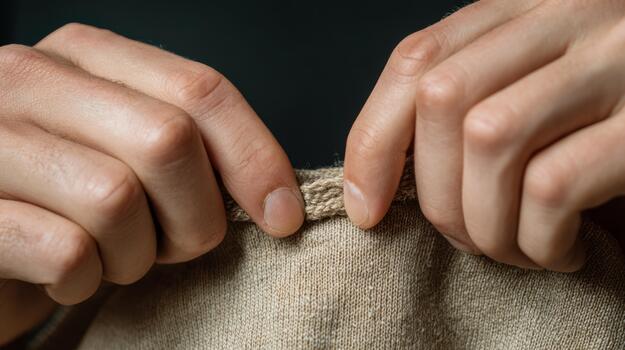 Close-up of a pair of hands gently holding the edge of a textured fabric, emphasizing craftsmanship and attention to detail. photo