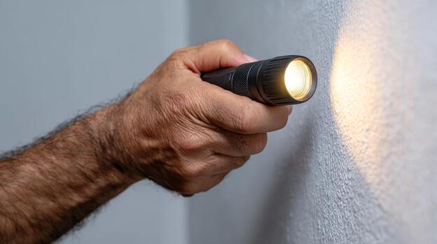 A close-up of a man's hand holding a flashlight, illuminating a textured wall in a dimly lit environment. photo