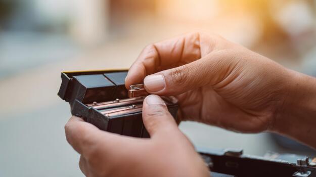 A close-up of a person's hands, focused on inserting a battery into a device during a bright, sunny day. photo