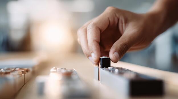 A close-up of a hand adjusting a control knob on a modern device, showcasing attention to detail and precision in technology. photo