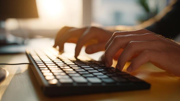 Close-up of hands typing on a keyboard, illuminated by warm sunlight streaming through a window. photo