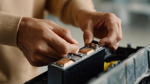 Close-up of a person's hands carefully working on a battery, showcasing focus and attention to detail. photo