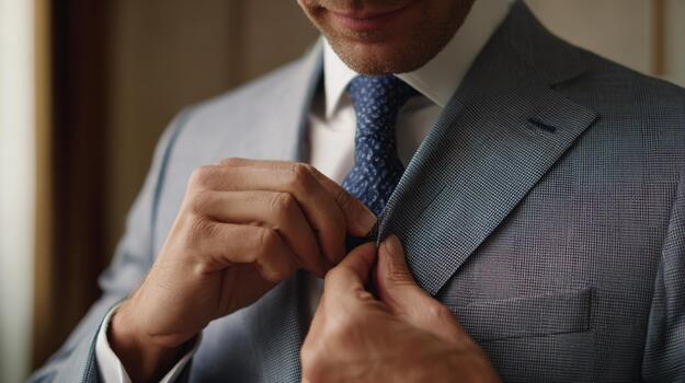 A stylish man in a tailored suit adjusting his attire, exuding confidence and sophistication. photo