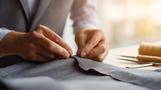 A skilled tailor meticulously sewing fabric with precision, showcasing craftsmanship and attention to detail. photo
