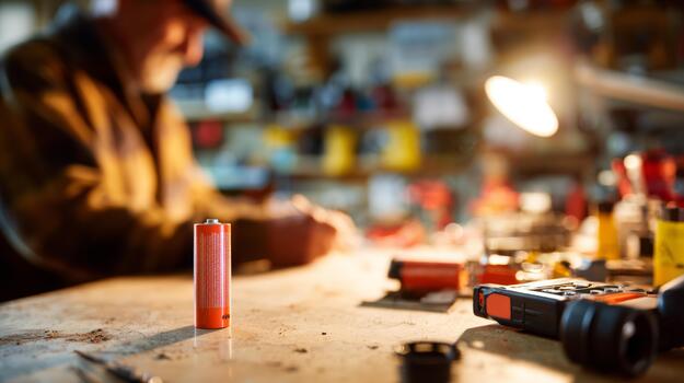 A close-up of a battery on a workbench, with an elderly man working in the background. The setting is warm and focused on craftsmanship. photo