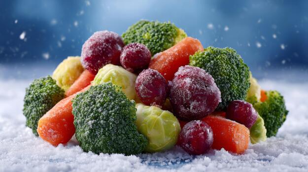 Frozen vegetables, including broccoli, carrots, and grapes, piled on a snowy surface, showcasing vibrant colors against a cool blue background. photo