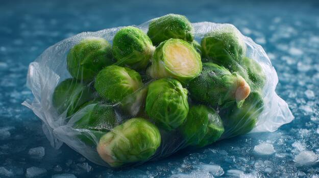 Frozen brussels sprouts in a plastic bag on an ice-covered surface, showcasing their vibrant green color and frosty texture. photo