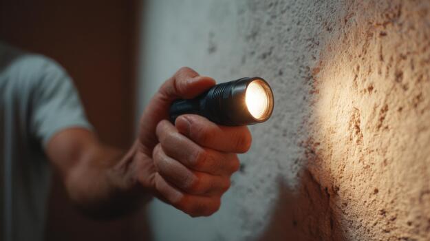 A close-up of a man's hand holding a flashlight, illuminating a textured wall in a dimly lit space. photo