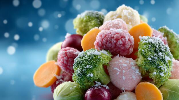 A colorful assortment of frozen vegetables and fruits, including raspberries, broccoli, and carrots, delicately dusted with frost. photo