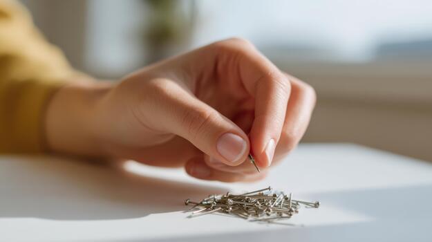 A close-up of a delicate hand selecting a silver pushpin from a small pile, emphasizing focus and precision in a well-lit setting. photo