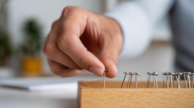 A close-up of a man's hand skillfully placing a pin into a wooden holder, showcasing precision and focus in a creative workspace. photo