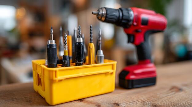 A close-up of a yellow tool organizer filled with drill bits next to a red cordless drill, set in a bright workshop environment. photo