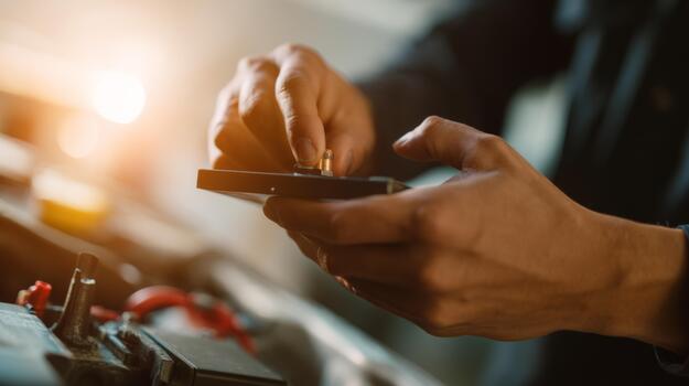 A close-up of a man's hands, working on a mobile device in a garage, surrounded by tools and parts, emphasizing focus and precision. photo