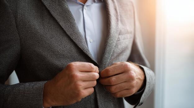 A man buttoning his stylish blazer, showcasing elegance and sophistication in a professional setting. photo