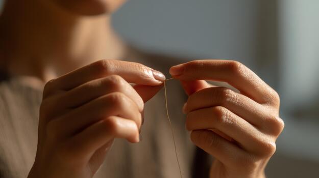 A woman's hands carefully threading a needle, showcasing focus and precision in a serene setting. photo