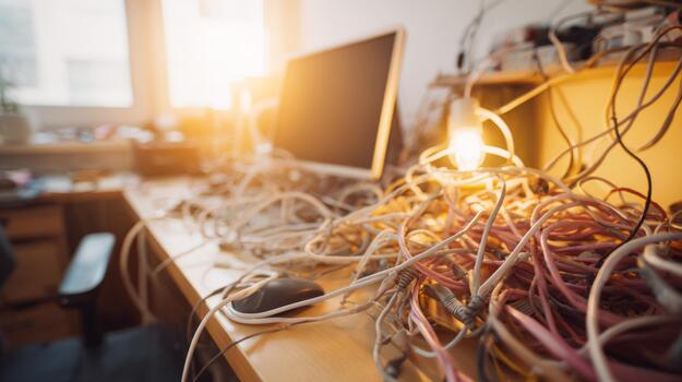 A chaotic workspace cluttered with tangled cables, a computer monitor, and warm light creating a cozy yet disordered atmosphere. photo