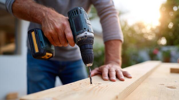 A focused male carpenter using a power drill on a wooden plank, surrounded by a warm, natural setting. photo