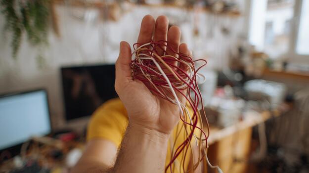 A young male holds a tangled mess of red and white wires, showcasing the intricacies of DIY electronics in a cluttered workspace. photo