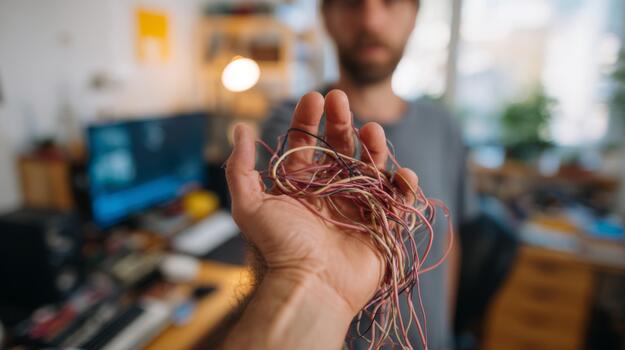 A male with a beard holds a tangled mass of colorful wires in a casual workspace, creating a focused yet chaotic atmosphere. photo