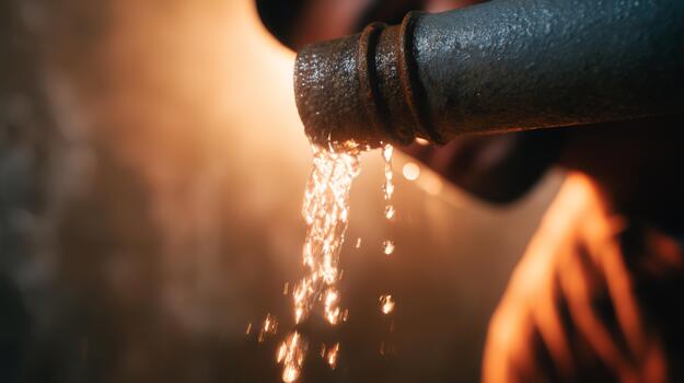 A close-up of water flowing from a metal pipe, creating a dramatic light effect in a dimly lit environment. photo