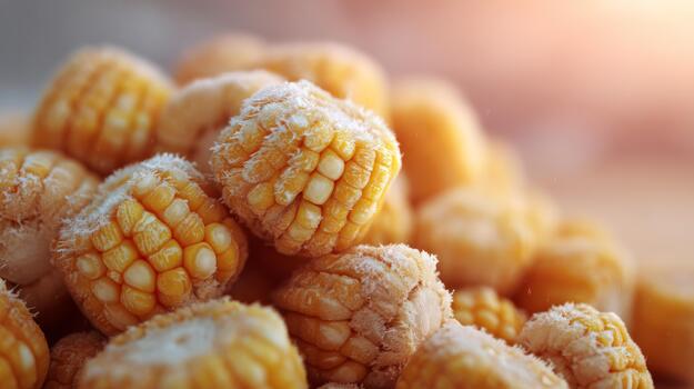 Close-up of frozen corn kernels, showcasing their vibrant yellow hues and unique texture, with a soft, warm light in the background. photo