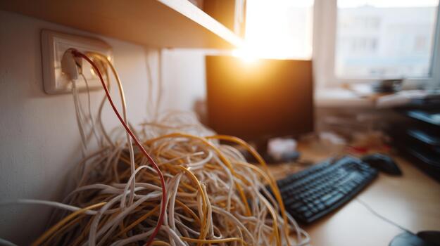 A tangled mess of cables near a computer setup, illuminated by warm sunset light, creating a cozy yet chaotic workspace. photo