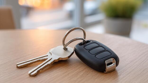 Close-up of car keys resting on a wooden table, symbolizing freedom and adventure. photo