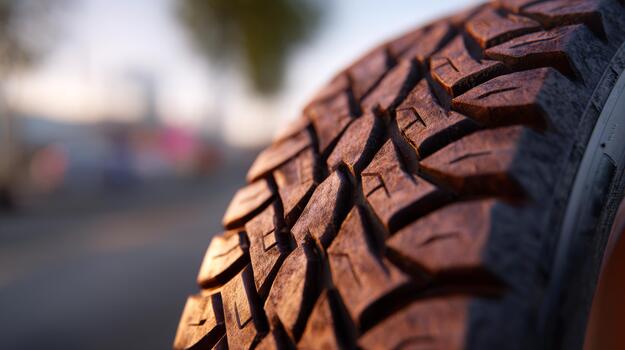 Close-up of a textured tire showcasing intricate tread patterns and detailed rubber material. photo