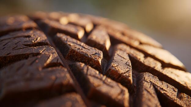 Close-up of a textured tire tread, showcasing its grooves and patterns, with warm lighting creating an interesting ambiance. photo