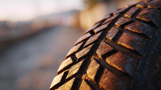 Close-up of a textured tire tread highlighting wear and weathering against a blurred background. photo