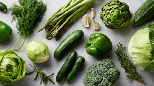 An array of fresh green vegetables including asparagus, cucumbers, and broccoli, arranged on a light gray countertop. photo
