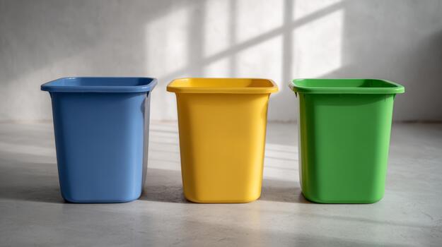 Three colorful recycling bins in blue, yellow, and green arranged in a modern space with natural light casting shadows. photo