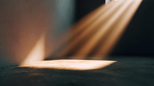 Soft sunlight beams casting gentle shadows in an empty room, creating a serene and calming atmosphere. photo