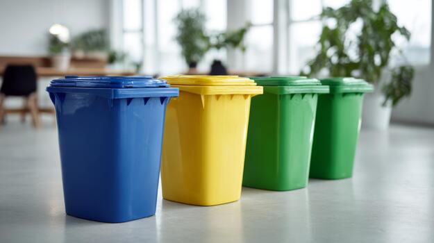Four colorful recycling bins arranged in a modern office setting, promoting eco-friendly practices. photo