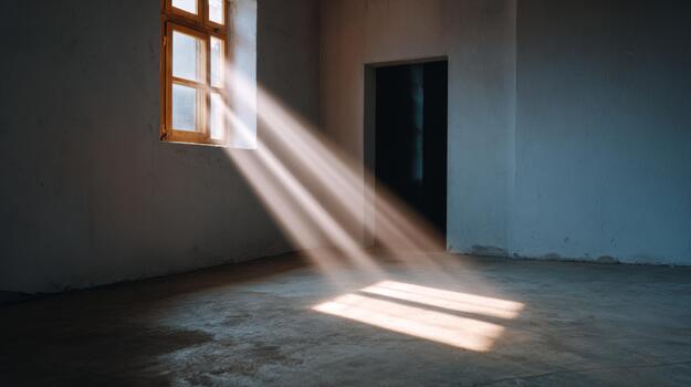 A serene scene showcasing soft rays of sunlight streaming through a rustic window in an empty room. photo