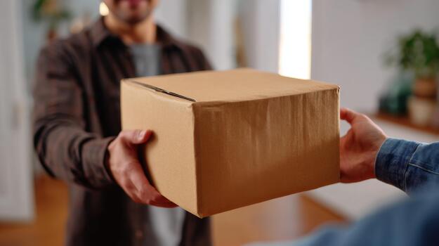 A man hands over a brown delivery box, symbolizing efficient parcel delivery and customer service. photo