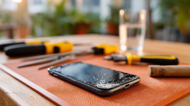 un roto teléfono inteligente con un agrietado pantalla mentiras en un banco de trabajo, rodeado por herramientas, destacando el tema de reparar. foto