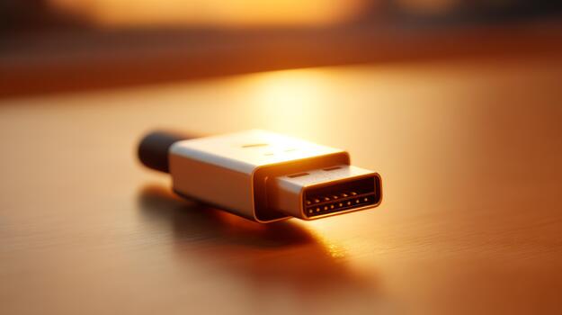 A close-up of a modern USB device against a warm sunset backdrop, showcasing intricate details and a sleek design. photo