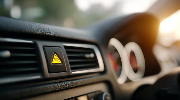 Close-up of a car's hazard light button, illuminated in yellow, showcasing modern vehicle interior design and safety features. photo