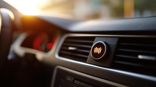 Close-up of a car air conditioning vent with illuminated button, creating a warm and inviting atmosphere during a sunset drive. photo