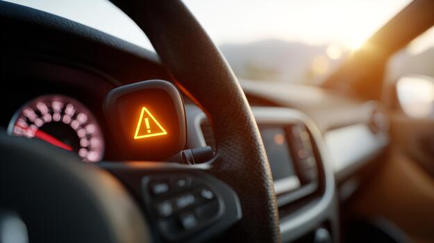 Close-up of a car's dashboard with a warning light illuminated, indicating a potential issue. photo