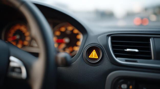 Close-up of a car dashboard with a warning light illuminated, capturing attention to vehicle safety. photo