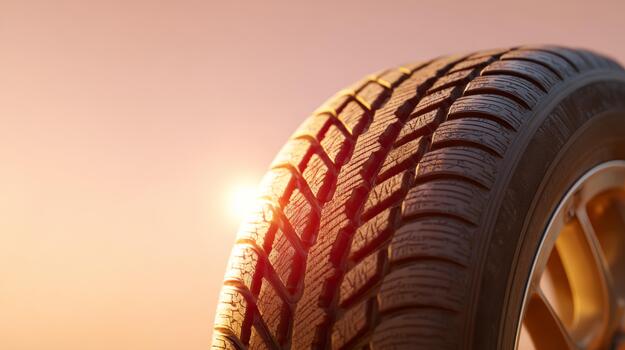 Close-up of a new tire against a sunset, showcasing its tread pattern and reflecting warm orange tones. photo