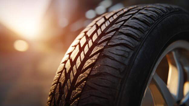 Close-up of a tire showcasing intricate tread patterns illuminated by warm sunlight, enhancing its texture and detail. photo