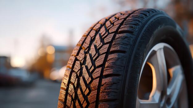 Close-up of a car tire showcasing its tread pattern, illuminated by soft evening light in a blurred urban setting. photo